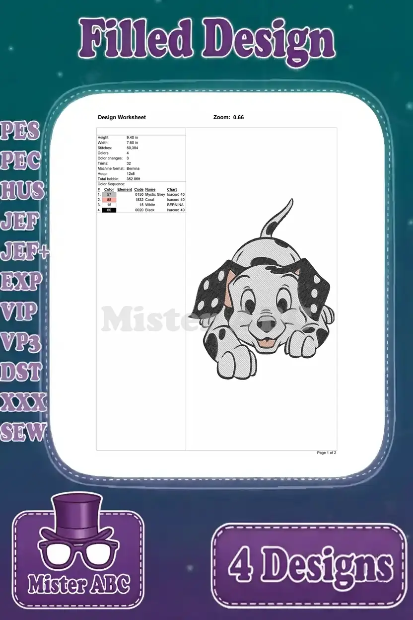 Detailed design worksheet for the first Dalmatian puppy embroidery, showing stitch count, size, and color sequence.