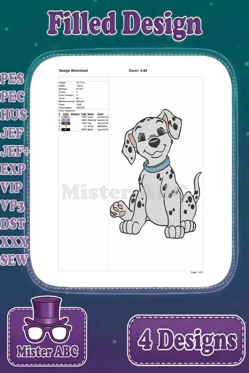 Detailed design worksheet for the sitting Dalmatian puppy embroidery, showing stitch count, dimensions, and color sequence.