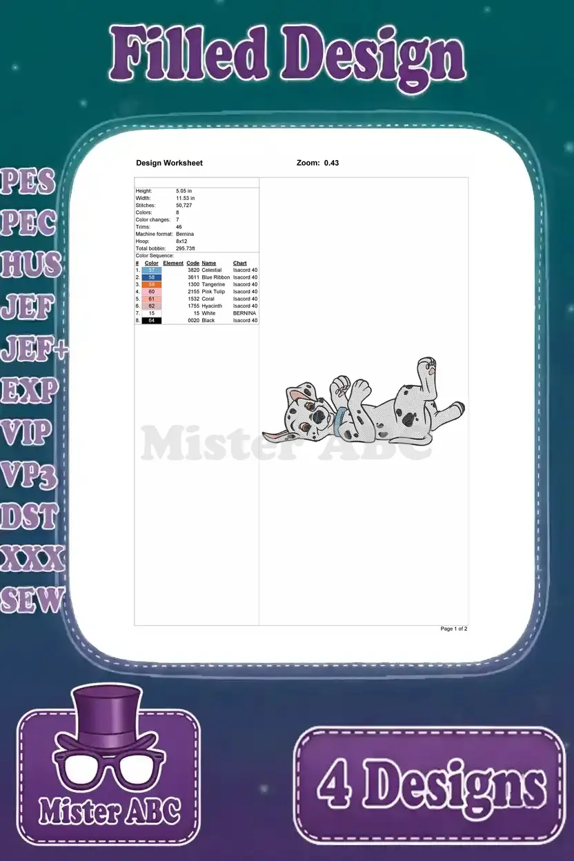Design worksheet for the Dalmatian puppy lying on its back, detailing stitch count, dimensions, and color thread information.