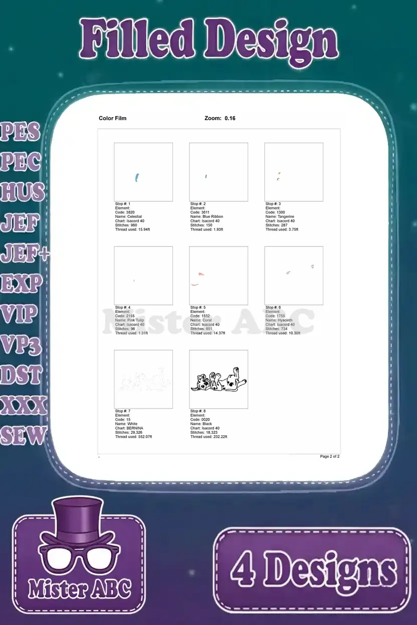 Color film sequence for the Dalmatian puppy lying on its back embroidery design, showing thread changes and stitch order.