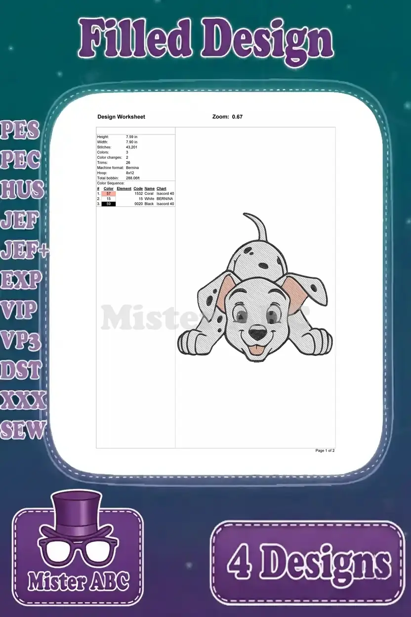 Design worksheet for the Dalmatian puppy lying on its stomach, detailing stitch count, dimensions, and color sequence for embroidery.