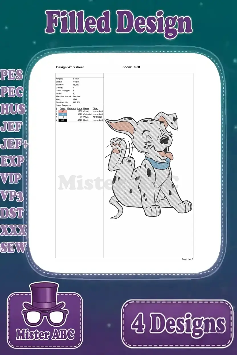 Design worksheet for the scratching Dalmatian puppy embroidery, detailing stitch count, dimensions, and color information.