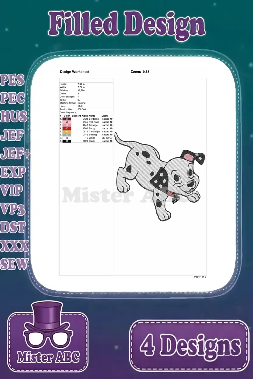 Detailed design worksheet for the second Dalmatian puppy embroidery, showing stitch count, size, and color sequence.