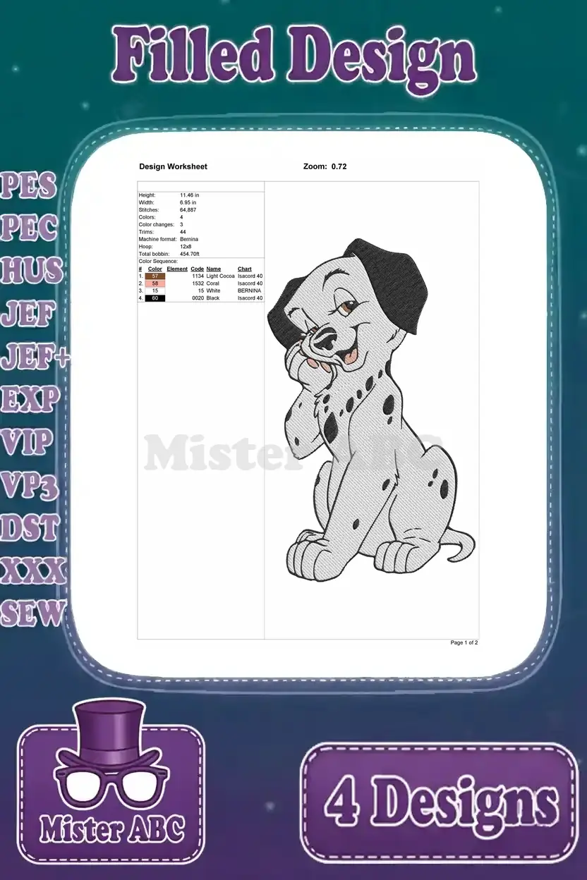 Detailed design worksheet for the third Dalmatian puppy embroidery, showing stitch count, size, and color sequence.