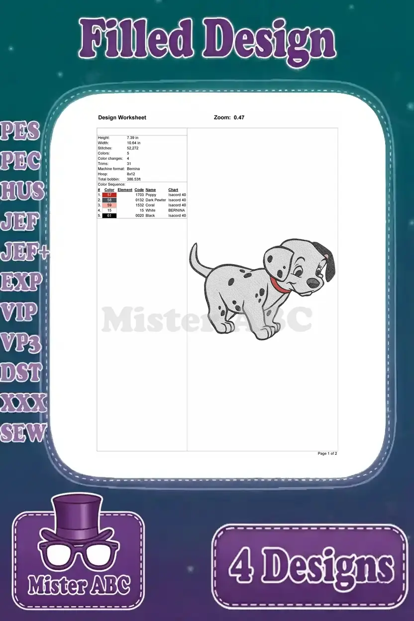 Design worksheet for the fourth Dalmatian puppy embroidery design, showing its dimensions, stitch count, and color palette.