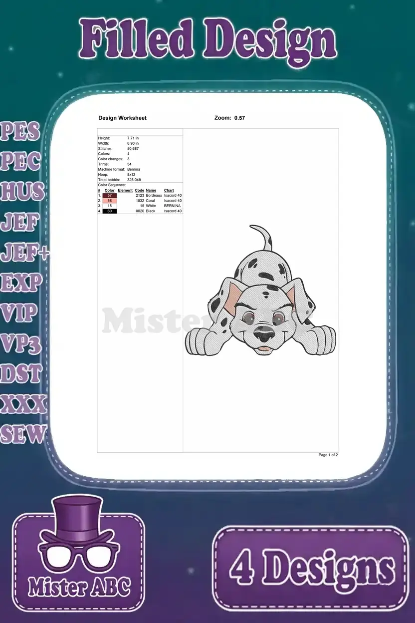 Detailed design worksheet for a playful Dalmatian puppy embroidery, showing stitch count, colors, and dimensions.