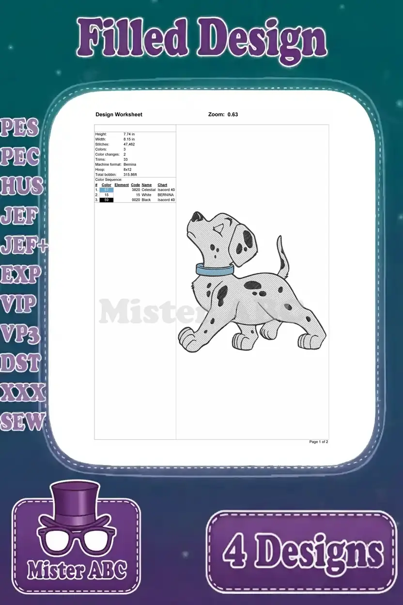 Design worksheet for a standing Dalmatian puppy embroidery, detailing stitch count, color sequence, and dimensions.