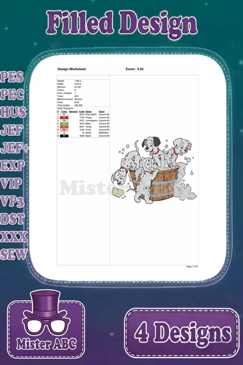A design worksheet for the multiple Dalmatian puppies bathing embroidery, showing stitch count and color details.