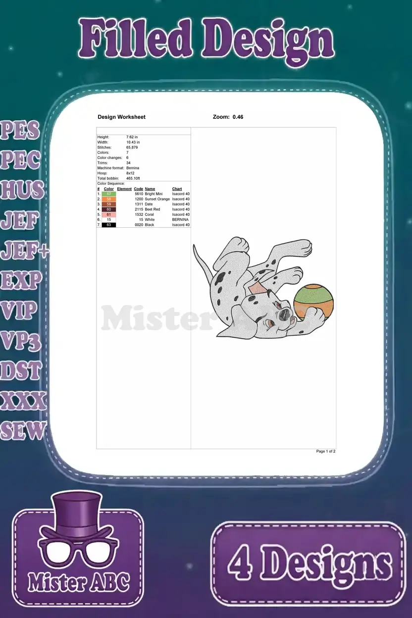 Design worksheet for the second Dalmatian puppy embroidery design, outlining technical specifications and color details.