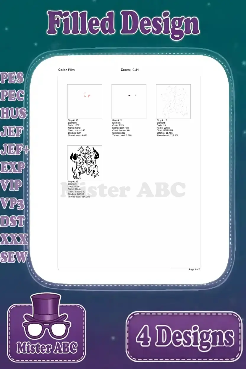 Second page of the color film for the third Dalmatian puppy embroidery design, completing the color sequence.