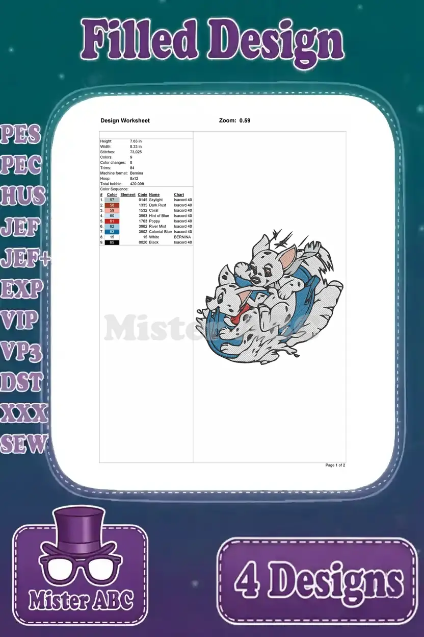 Design worksheet for the fourth Dalmatian puppy embroidery design, showing two puppies nestled together.