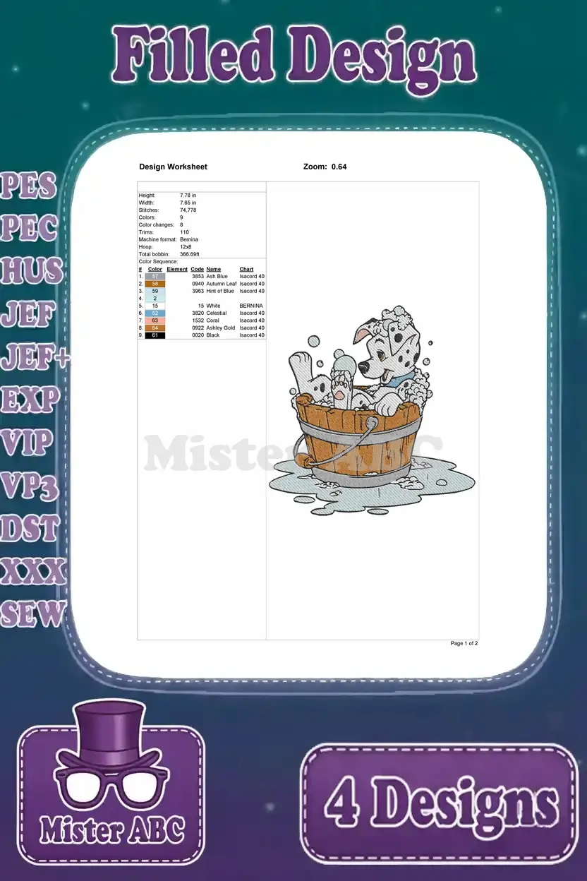 A design worksheet for the single Dalmatian puppy in a tub embroidery, listing stitches and color changes.