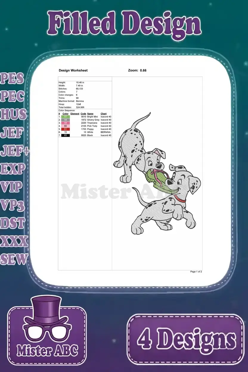 Detailed design worksheet for the first Dalmatian puppy embroidery, displaying stitch count and color sequence.