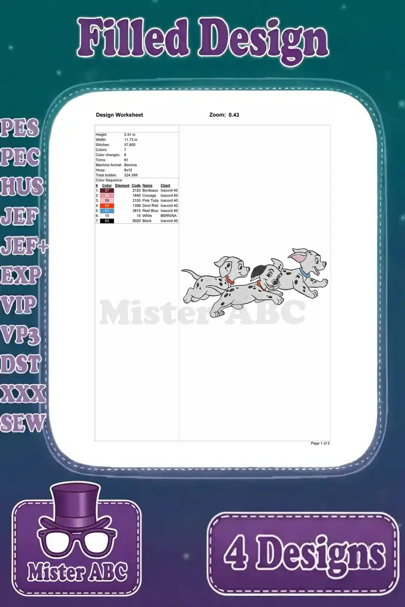 Comprehensive design worksheet for the second Dalmatian puppy design, outlining essential embroidery specifications.