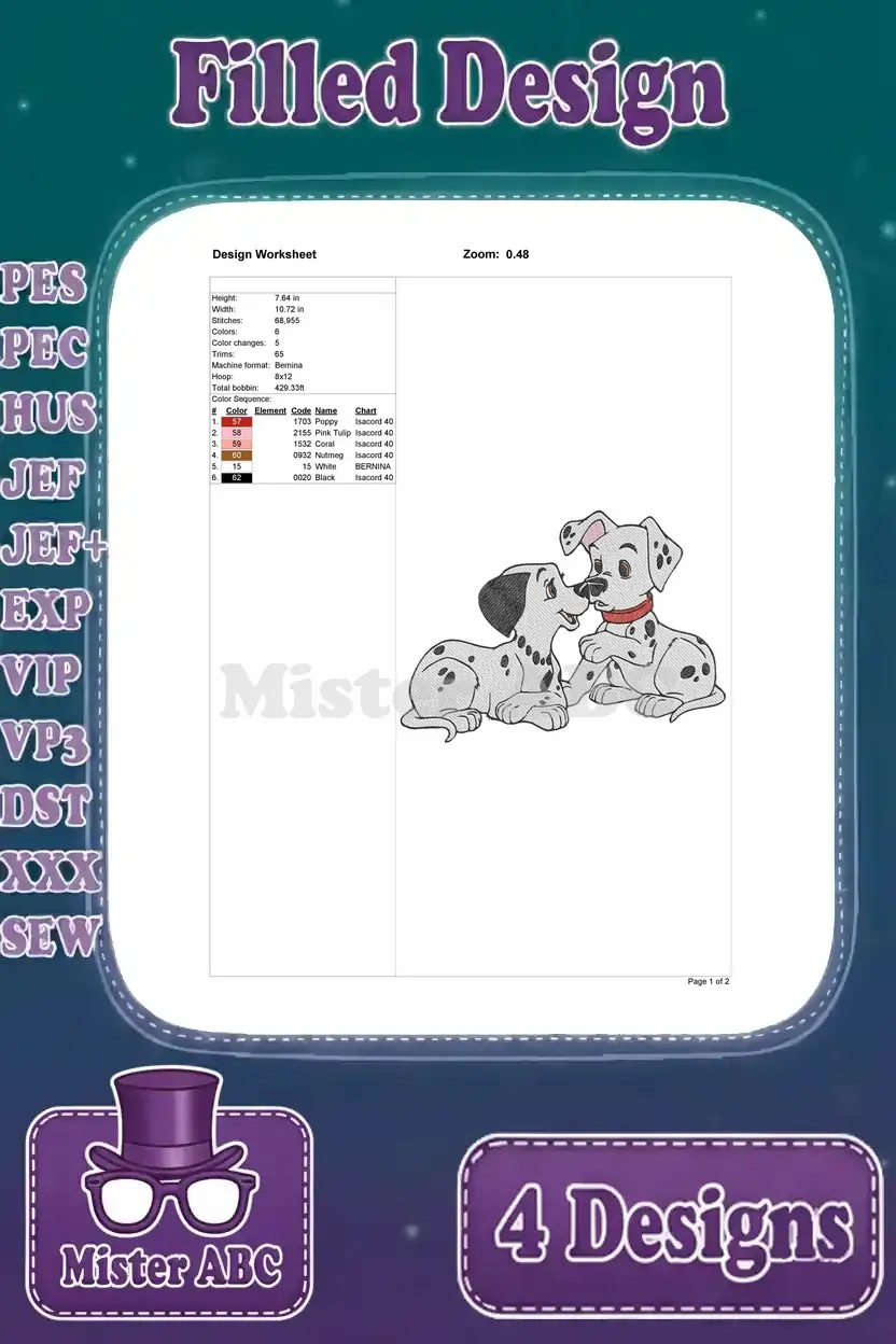Design worksheet for the third Dalmatian puppy embroidery, detailing stitch parameters and thread colors.