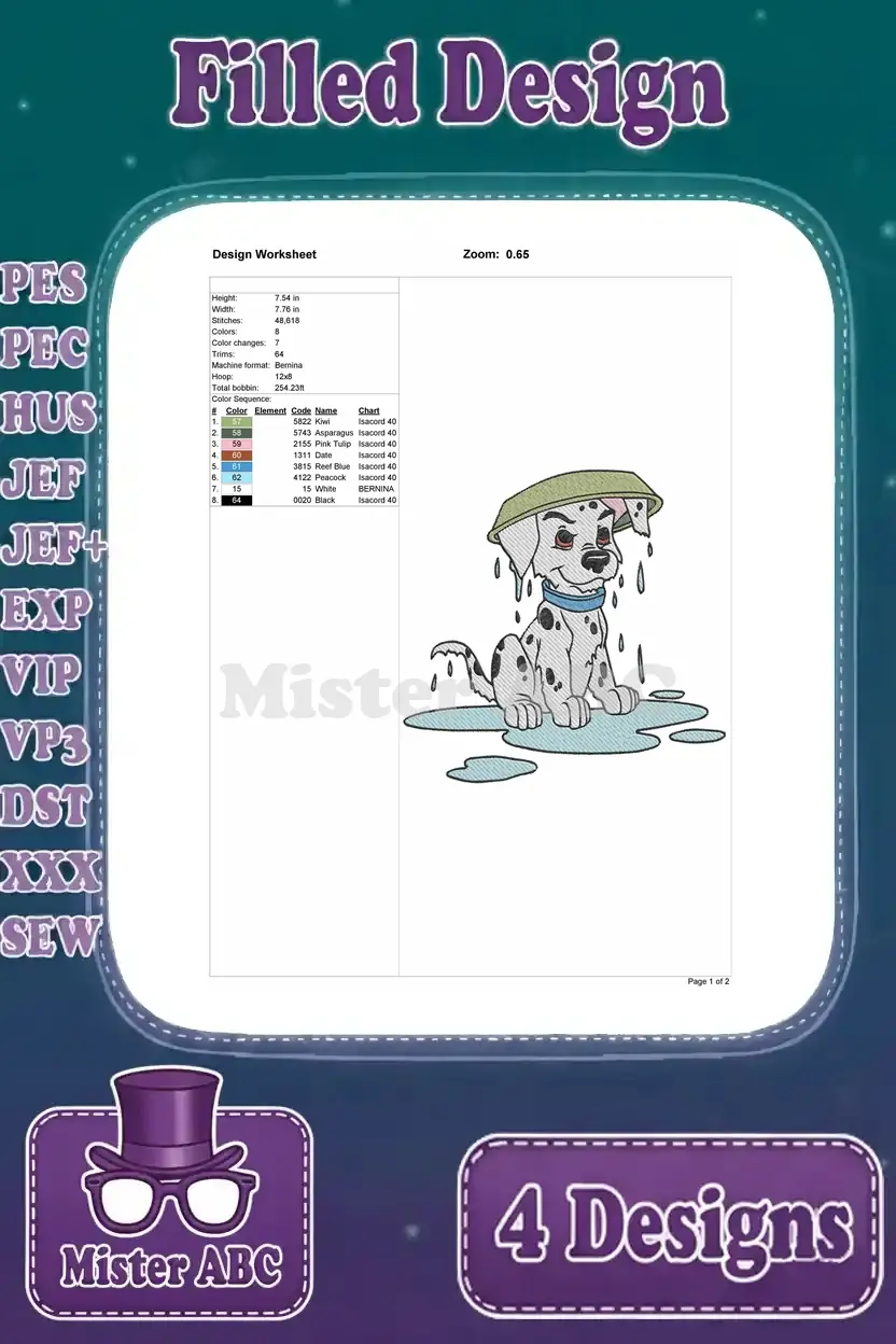 A design worksheet for the Dalmatian puppy with a leaf hat embroidery, detailing stitch count and colors.