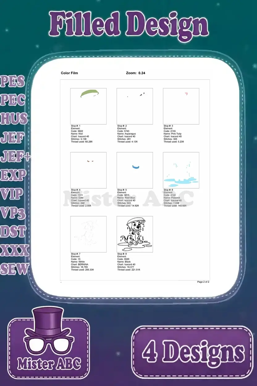 A color film chart demonstrating the stitch sequence for the Dalmatian puppy with a leaf hat embroidery design.