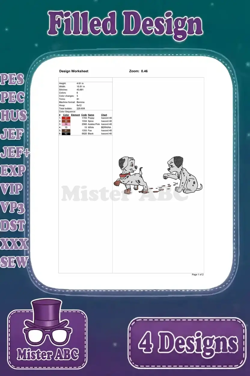 Detailed design worksheet for a filled embroidery of two playful 101 Dalmatians puppies, showing stitch, color, and size data.