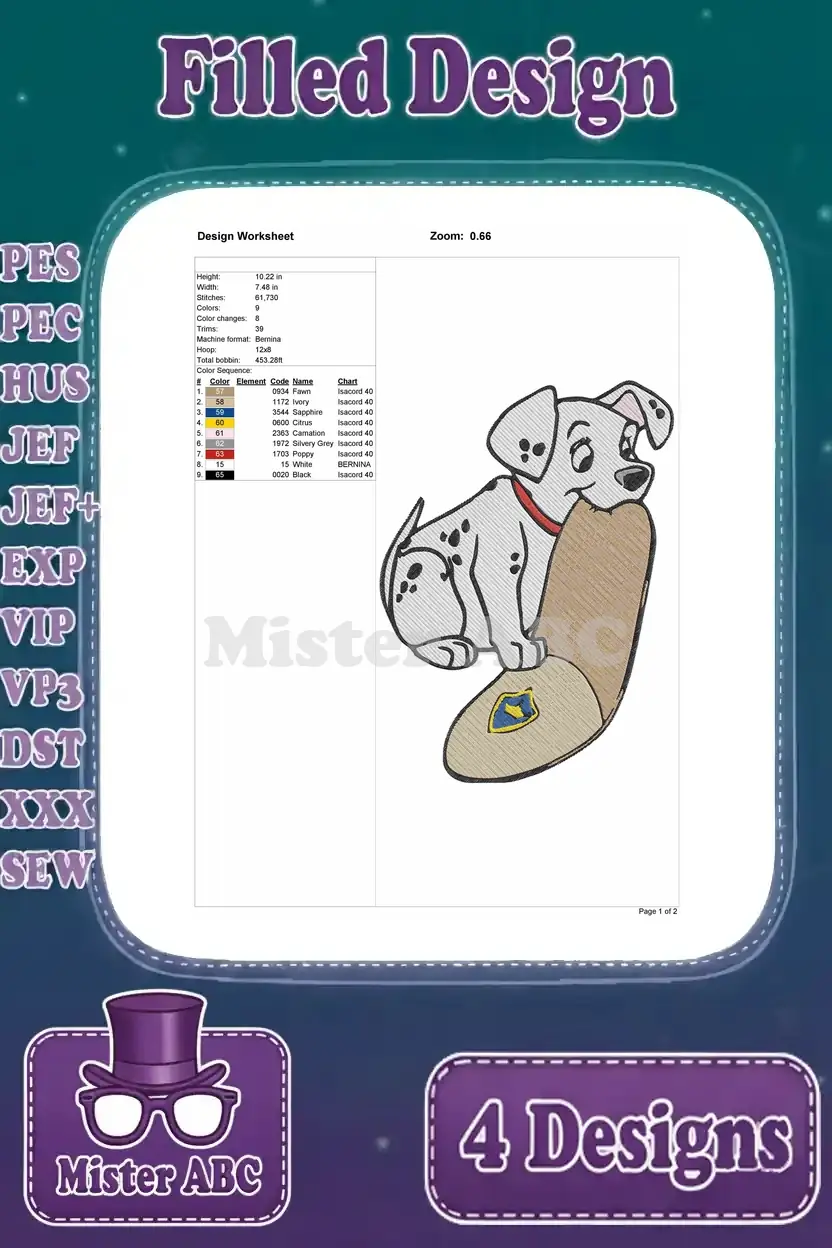 Comprehensive design worksheet for a filled embroidery of a 101 Dalmatians puppy playfully holding a slipper, with full specs.
