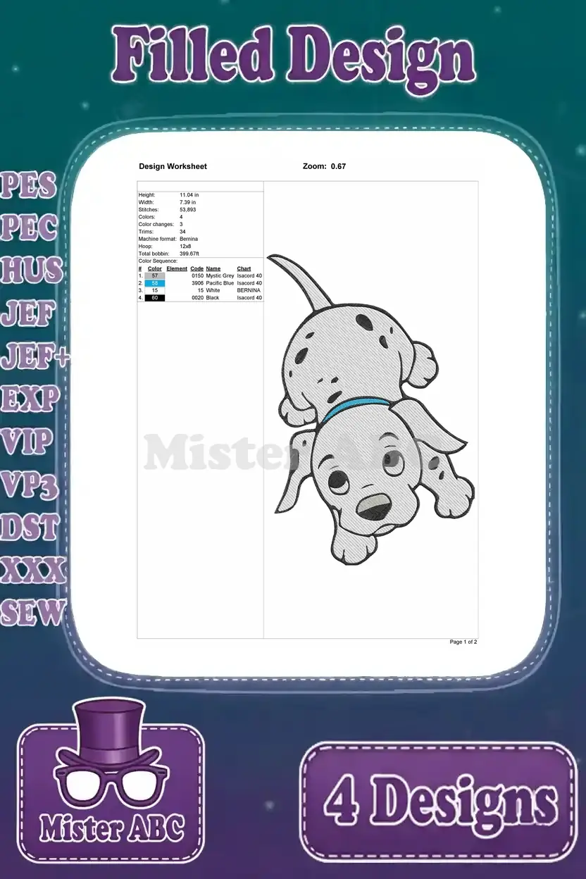 Detailed design worksheet for a filled embroidery of a cute 101 Dalmatians puppy lying down, featuring a blue collar.