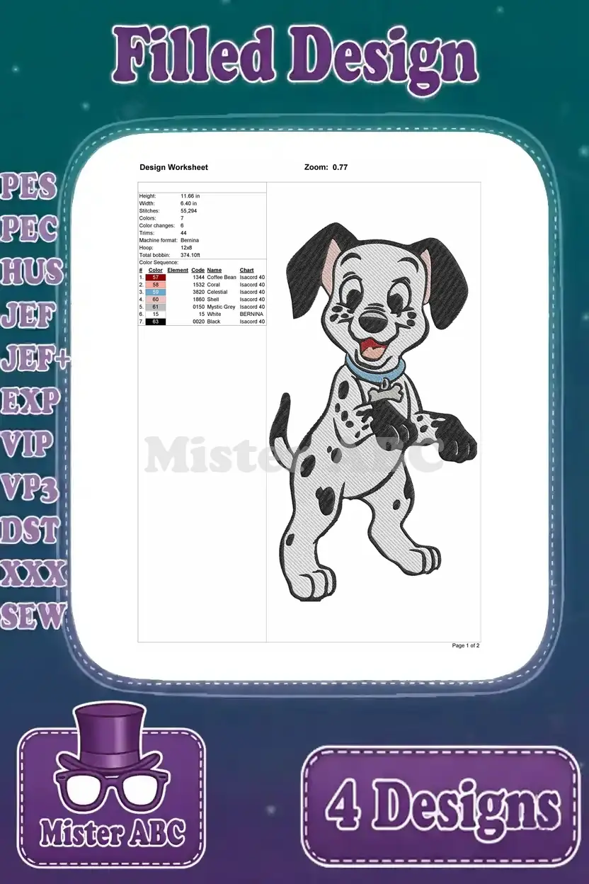 First Dalmatian puppy design worksheet detailing stitch counts, color sequence, and dimensions for embroidery.