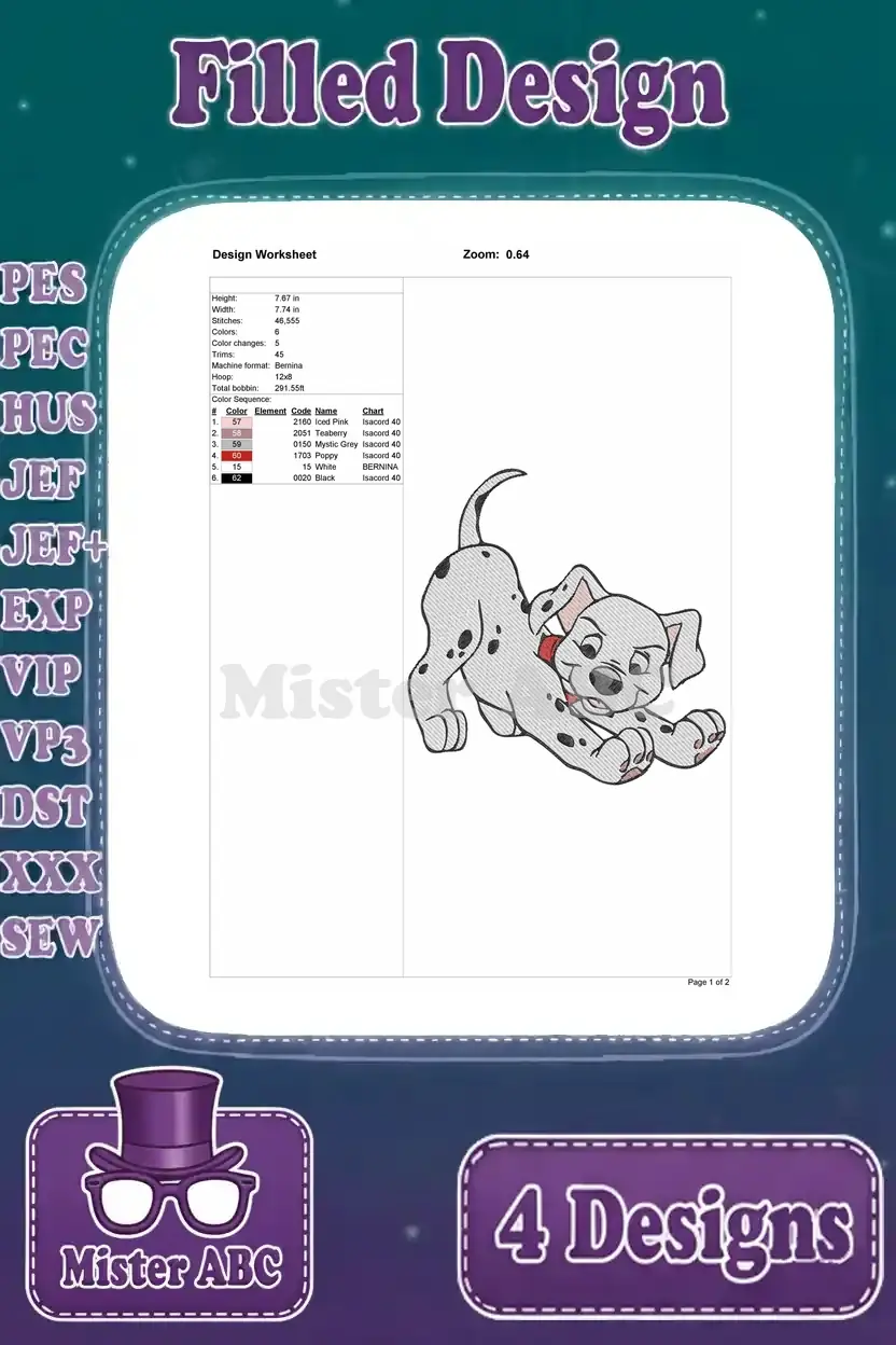Second Dalmatian puppy design worksheet with stitch details, color sequence, and dimensions.
