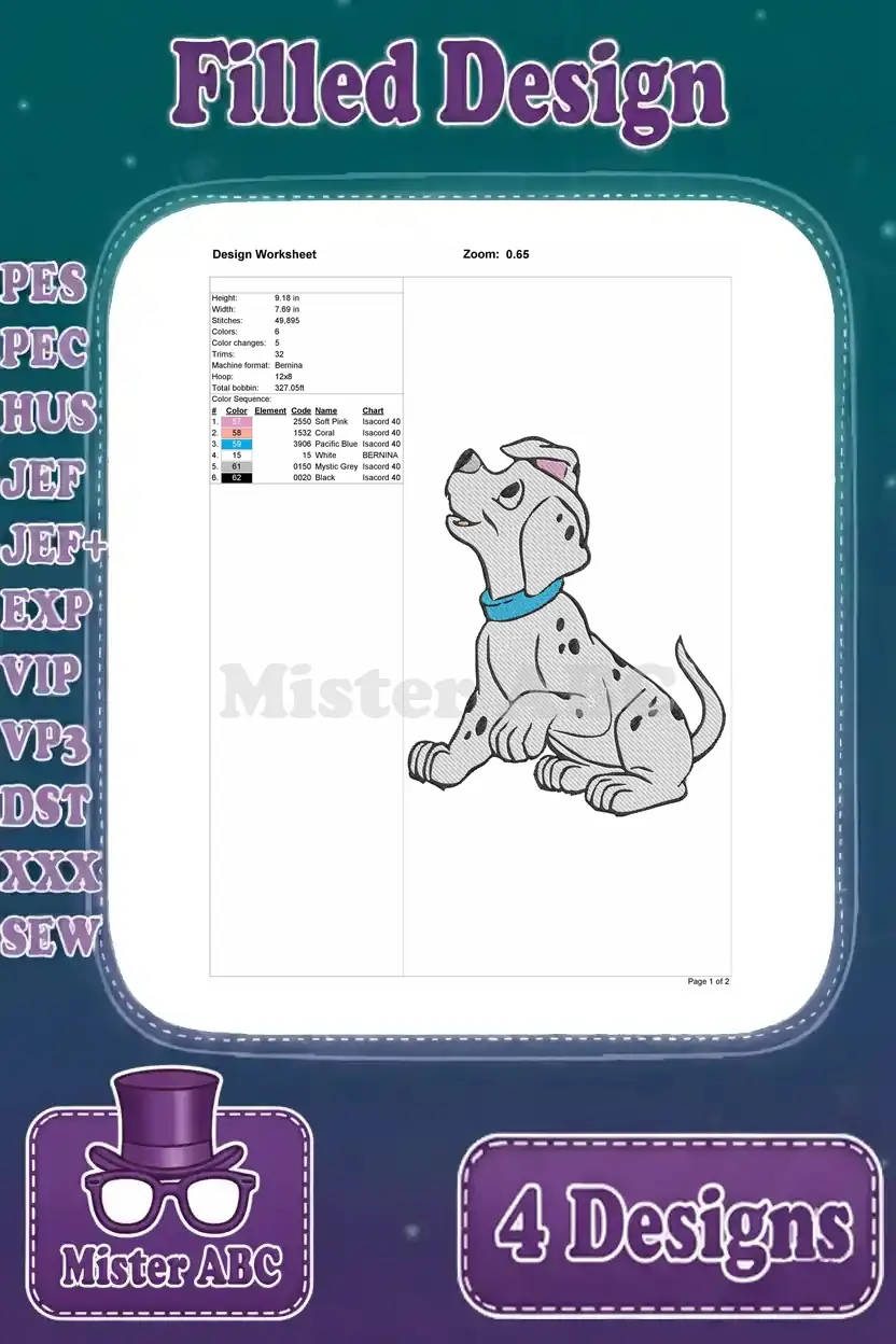 Third Dalmatian puppy design worksheet detailing stitch counts, color sequence, and dimensions.