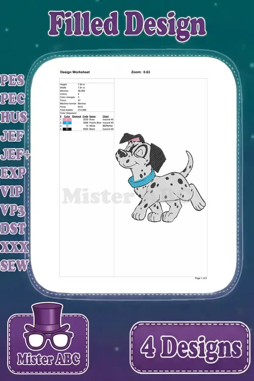 Fourth Dalmatian puppy design worksheet with stitch details, color sequence, and dimensions.