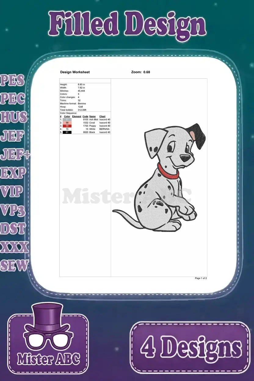 Detailed design worksheet for a sitting Dalmatian puppy embroidery, showing stitch count and color sequence.
