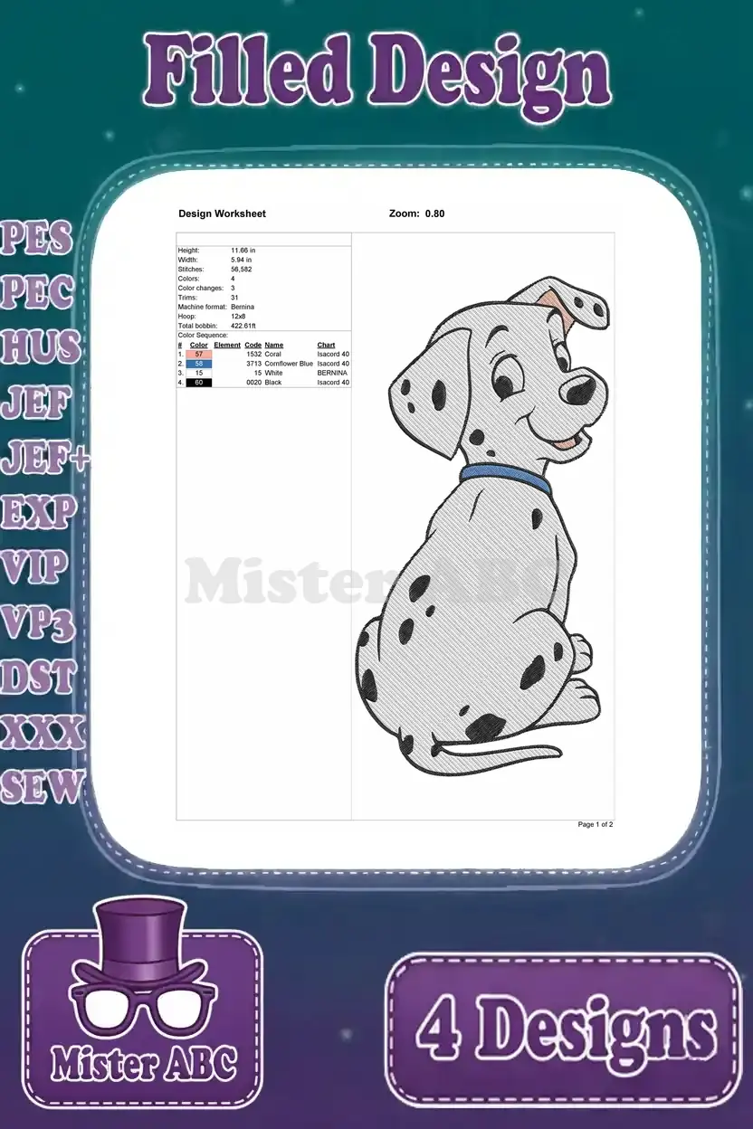 Design worksheet for a second sitting Dalmatian puppy embroidery, detailing size and thread information.