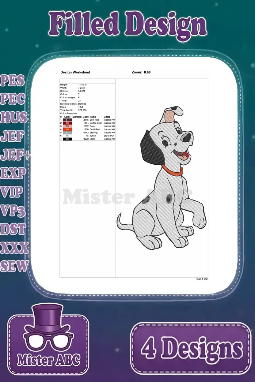 Design worksheet for an excited Dalmatian puppy embroidery, showing detailed stitch count and color data.