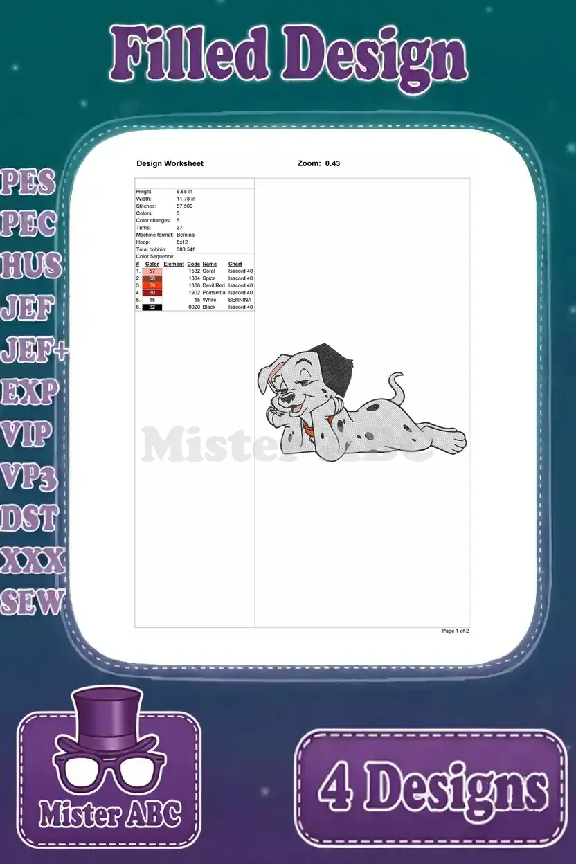Design worksheet for a relaxed Dalmatian puppy embroidery, including stitch count and color specifications.