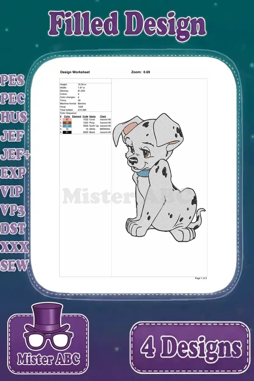 Detailed design worksheet for a sitting Dalmatian puppy embroidery, showing stitch count, color sequence, and dimensions.