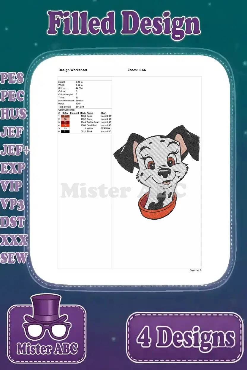 Detailed design worksheet for a smiling Dalmatian puppy headshot embroidery, showing stitch count, color data.