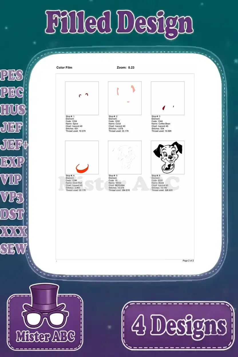 Color film sequence for the smiling Dalmatian puppy headshot embroidery, detailing the stitch layering process.