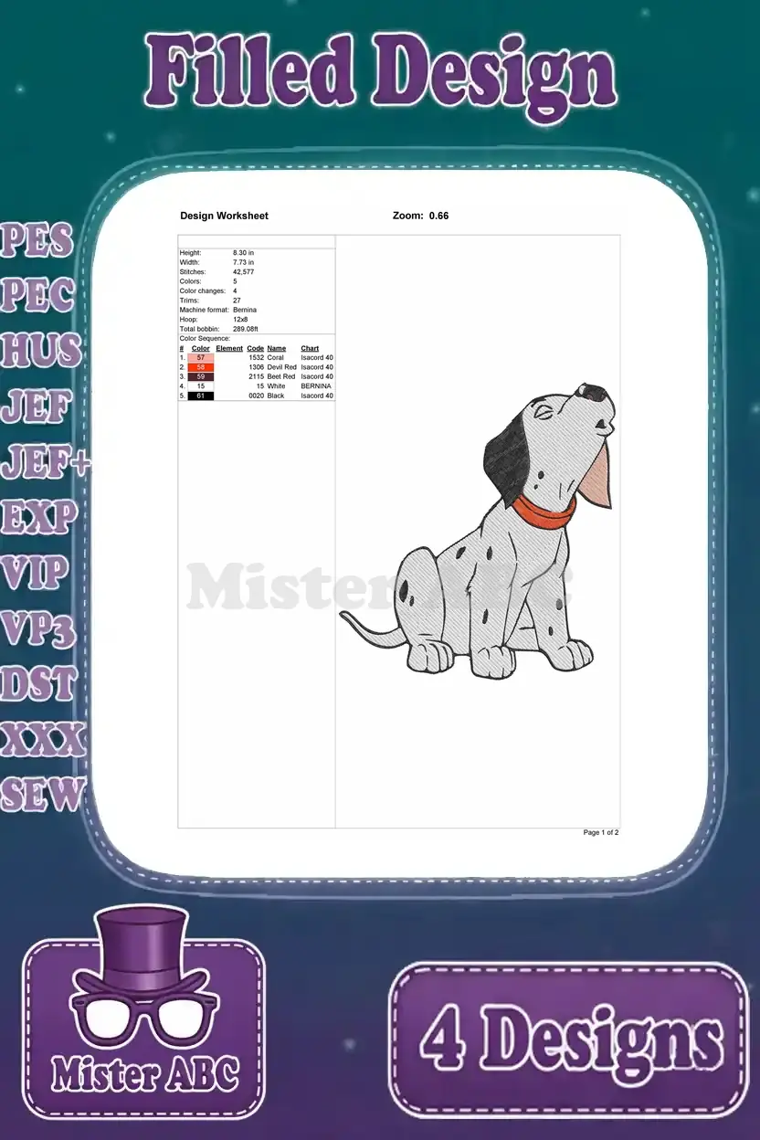 Detailed design worksheet for a sitting Dalmatian puppy looking up, showing stitch count, colors, and dimensions.