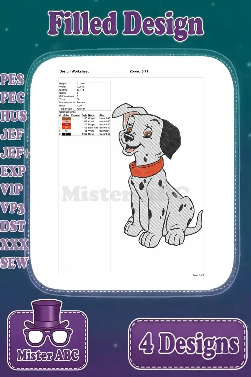 Detailed design worksheet for a sitting Dalmatian puppy, looking forward, showing stitch count, colors, and dimensions.