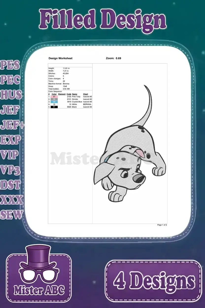 Embroidery design worksheet for a second playful 101 Dalmatians puppy, outlining dimensions, stitch count, and thread colors.