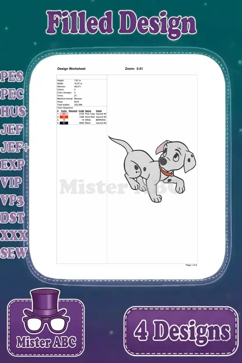 Embroidery design worksheet for a third adorable 101 Dalmatians puppy, detailing size, stitch count, and color sequence for crafting.