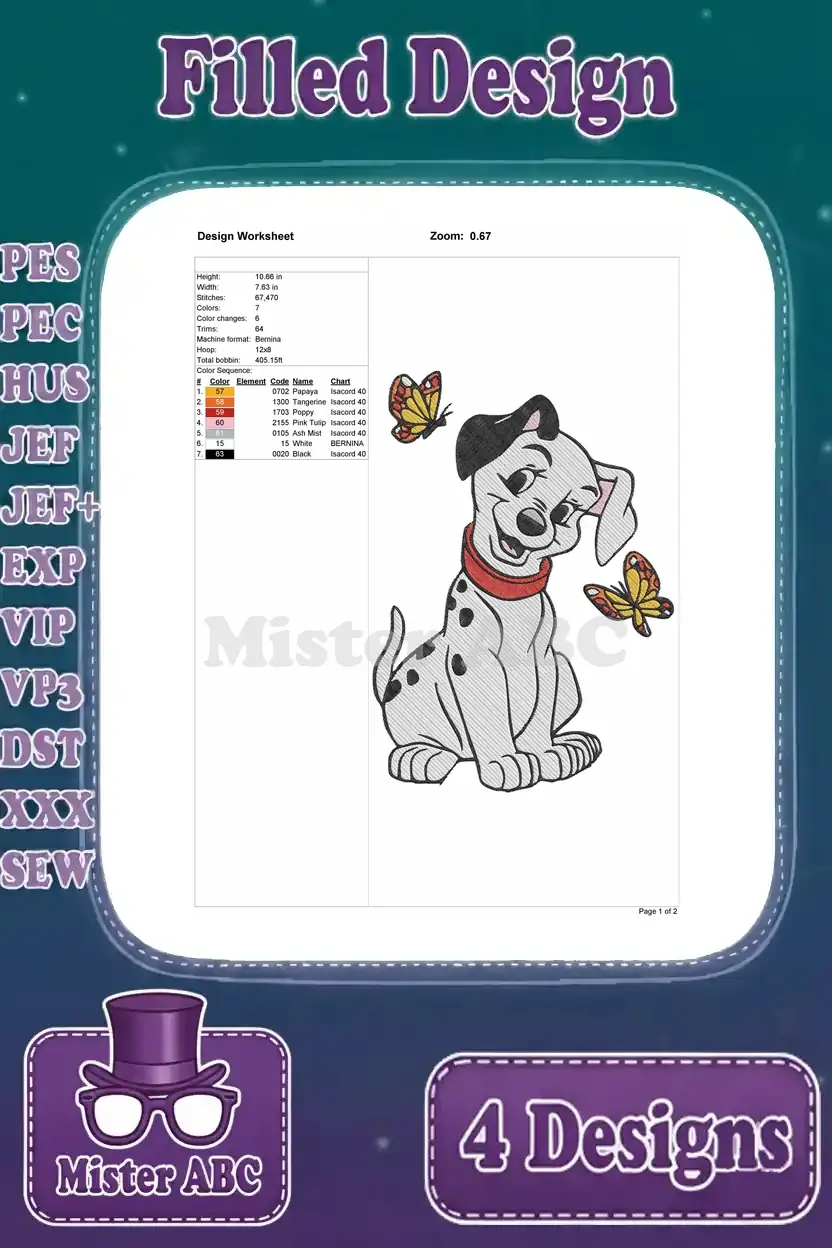 Embroidery design worksheet for a fourth 101 Dalmatians puppy with butterflies, showing dimensions, stitch count, and color palette.