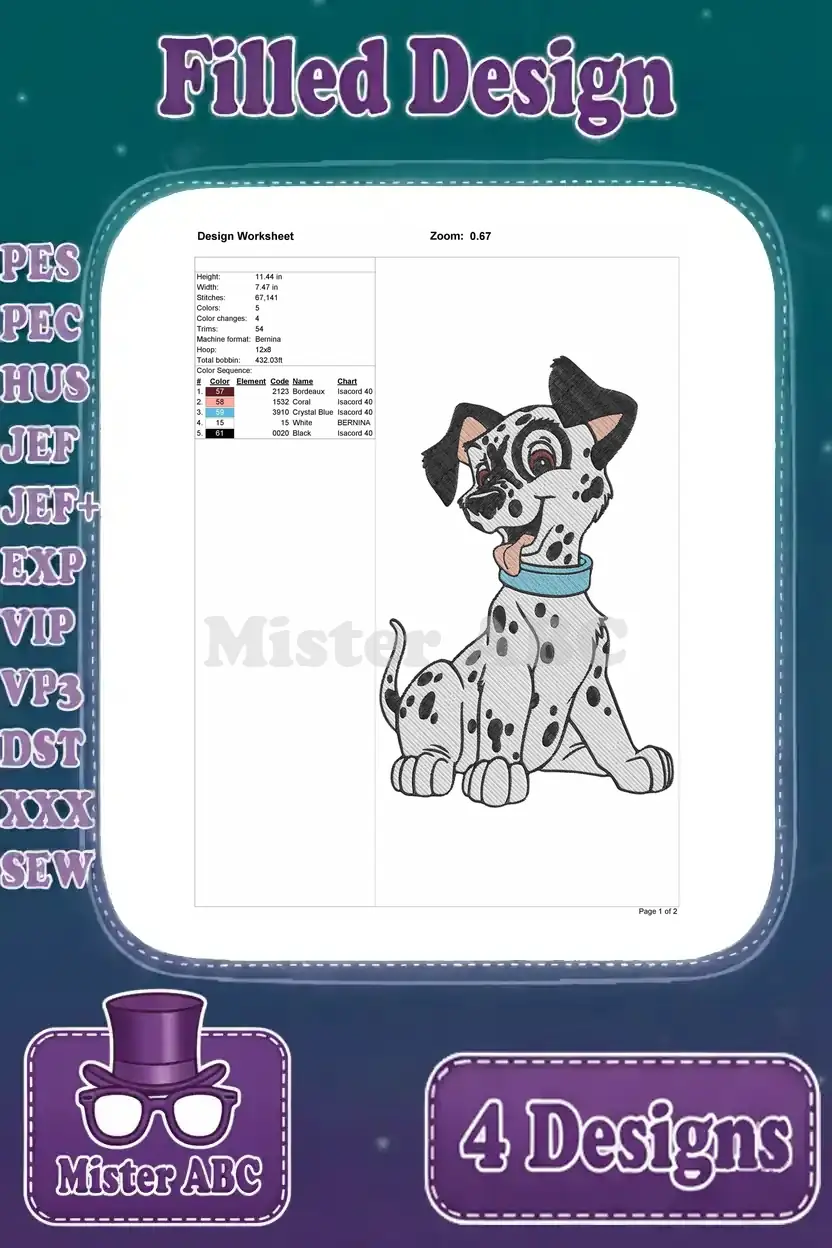 Detailed design worksheet for a sitting Dalmatian puppy embroidery, showing stitch count, size, and color sequence for crafting.
