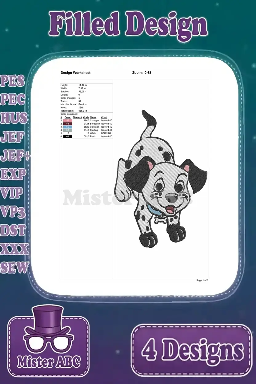 Design worksheet for the playful Dalmatian puppy embroidery, detailing stitch count, dimensions, and color chart for crafters.