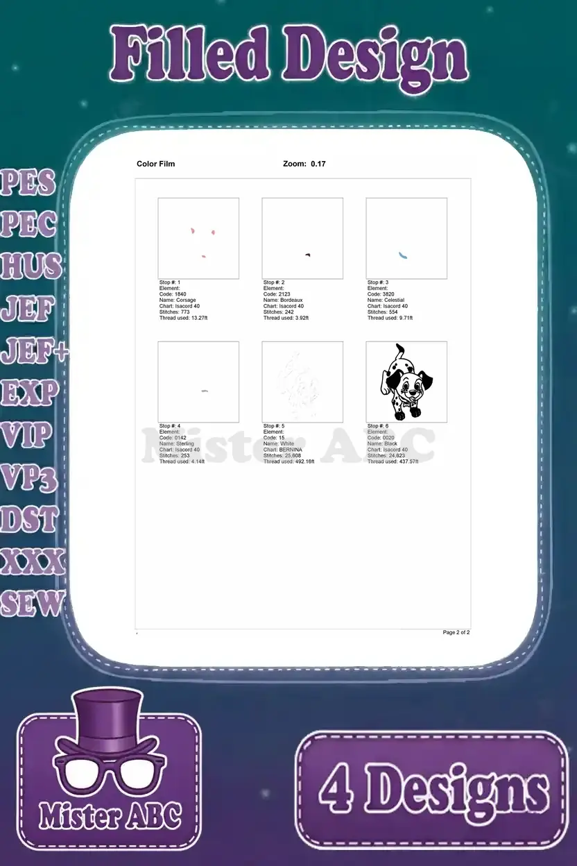 Color film sequence for the playful Dalmatian puppy embroidery, demonstrating the step-by-step application of thread colors.