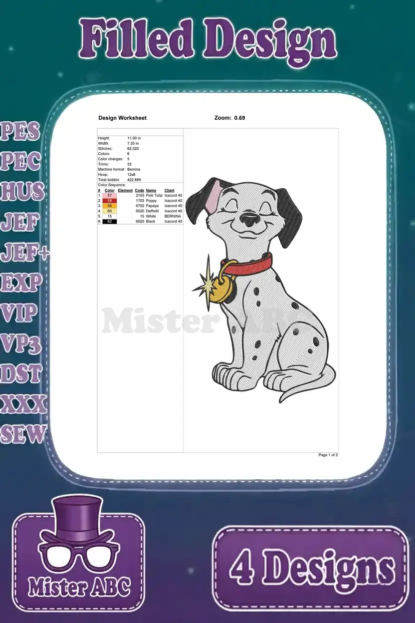 Design worksheet for the 'Lucky' Dalmatian puppy embroidery with a tag, providing stitch details, size, and color information.