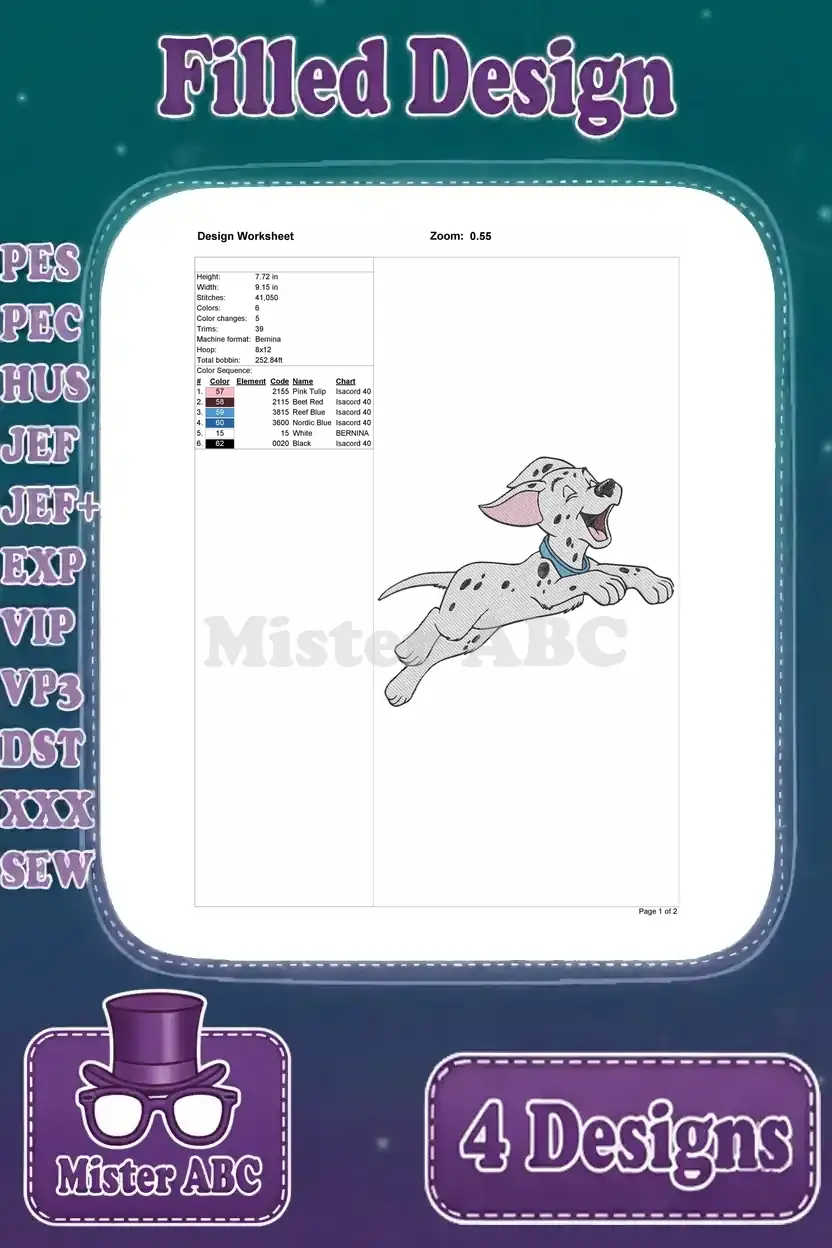 Design worksheet for the running Dalmatian puppy embroidery, detailing stitch count, size, and accurate color codes for creation.