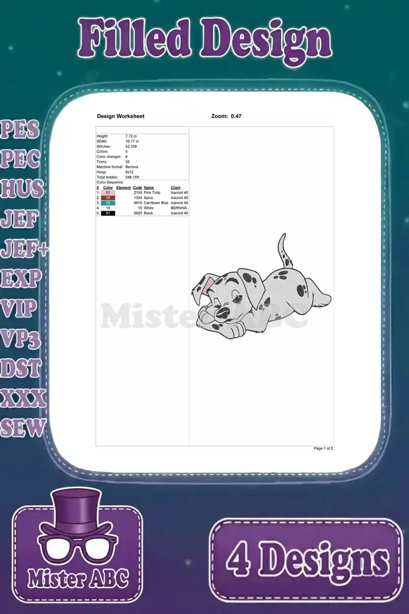 Detailed design worksheet for a filled embroidery of a sleeping Dalmatian puppy, showing dimensions, stitch count, and color sequence.