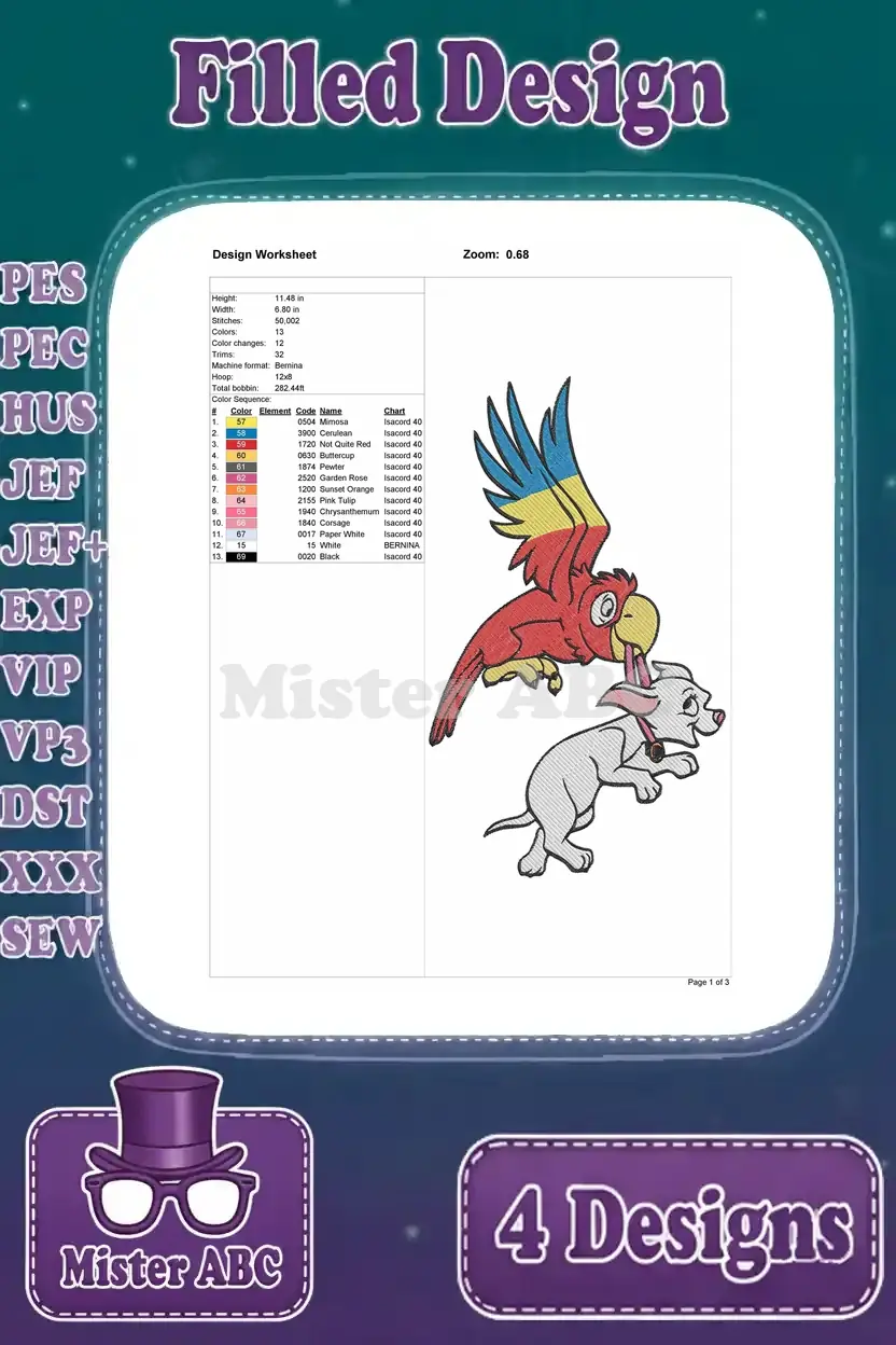 Detailed design worksheet for a filled embroidery of a Dalmatian puppy with a flying parrot, showing dimensions, stitch count, and color sequence.