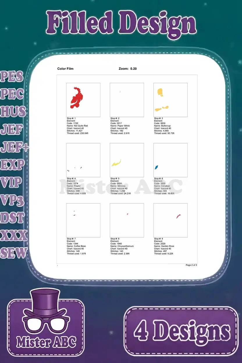 Page 1 of the color film for the Dalmatian puppy with standing parrot design, showing initial stitch stops and thread usage.