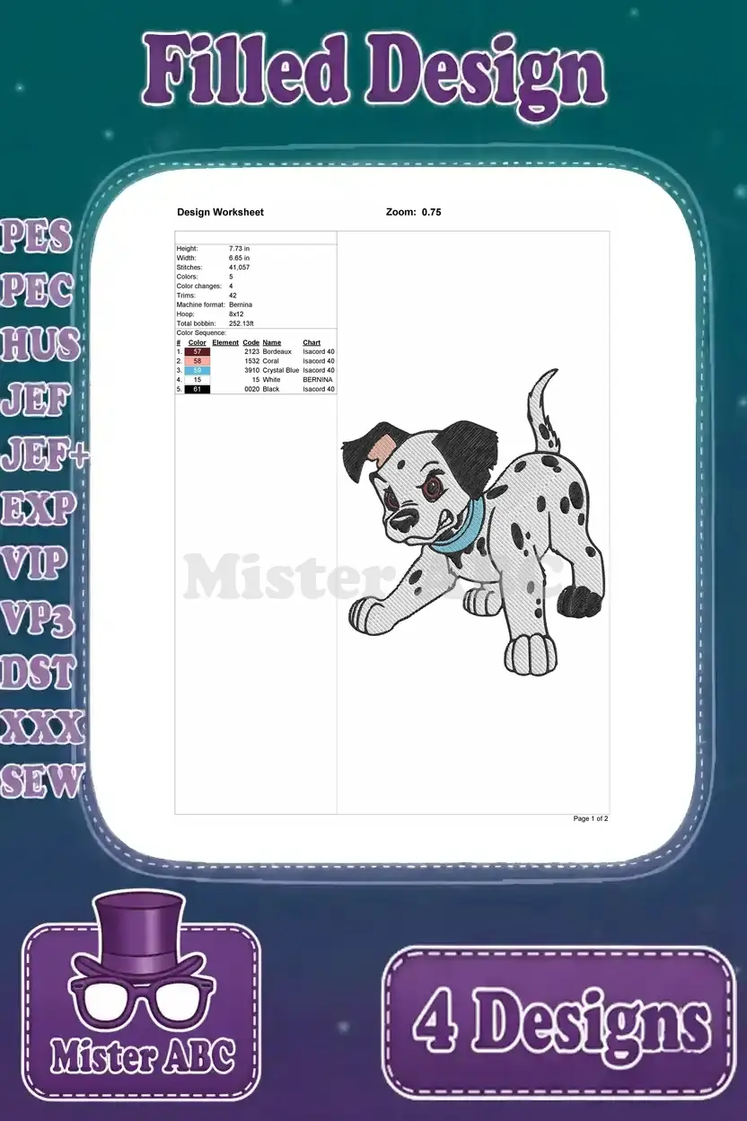 Detailed design worksheet for a filled embroidery of an active Dalmatian puppy, showing dimensions, stitch count, and color sequence.