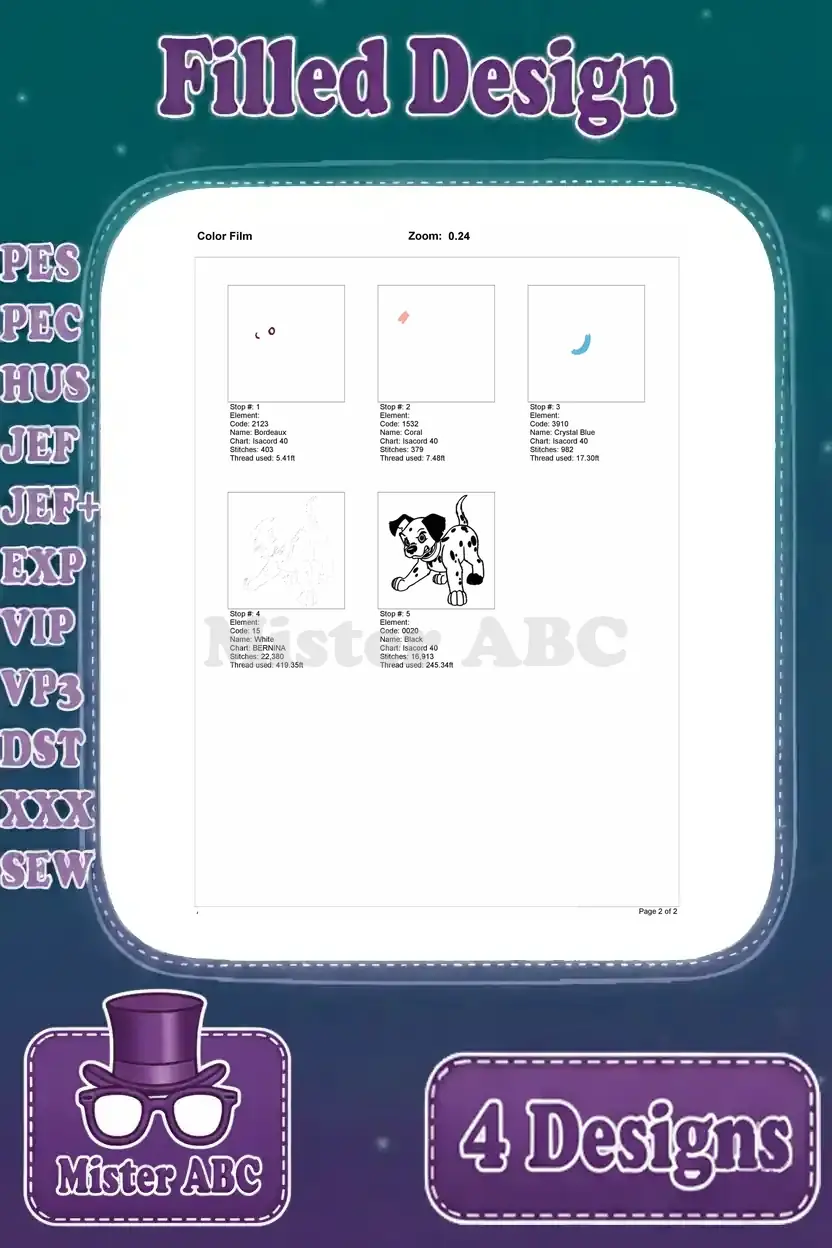 Color film breakdown for the active Dalmatian puppy embroidery design, showing individual stitch stops and thread usage.